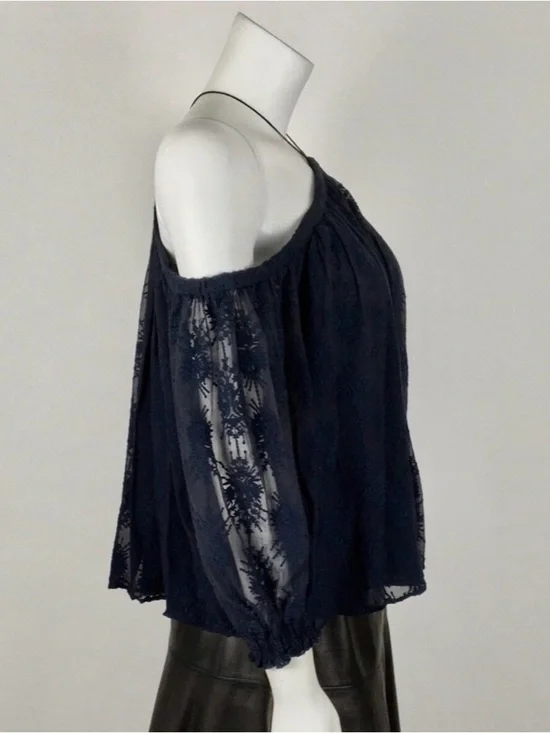 Rebecca Taylor is 100% Silk Navy Off-Shoulder Long sleeve Lace Blouse Size 2 - Picture 3 of 6
